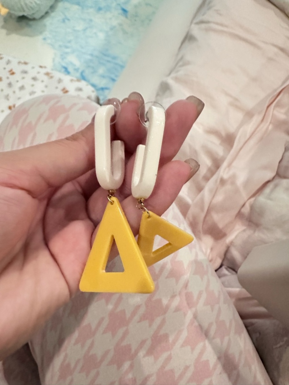 Yellow Triangle Drop Earrings with White Hoops